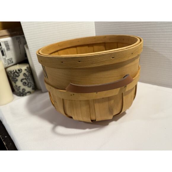 Farmhouse Autumn Wood Basket Leather Handles, Fall, Apple Container Organization - Picture 3 of 11